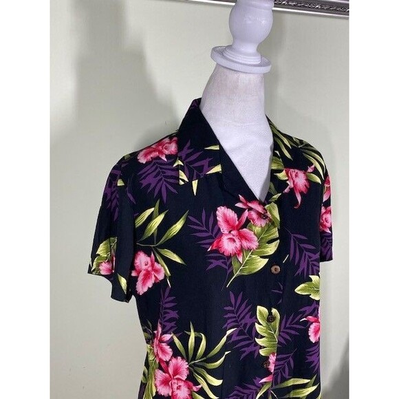 Vtg Two Palms Sz S Hawaiian Aloha Orchid Fern Button-Up Top Y2K Made in Hawaii - Picture 3 of 9